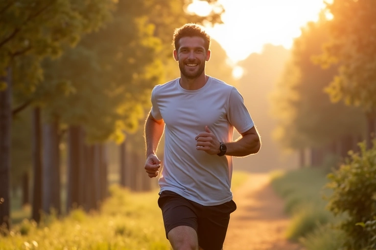 Uomo energico che fa jogging all'aperto, simbolo di vitalità e salute maschile