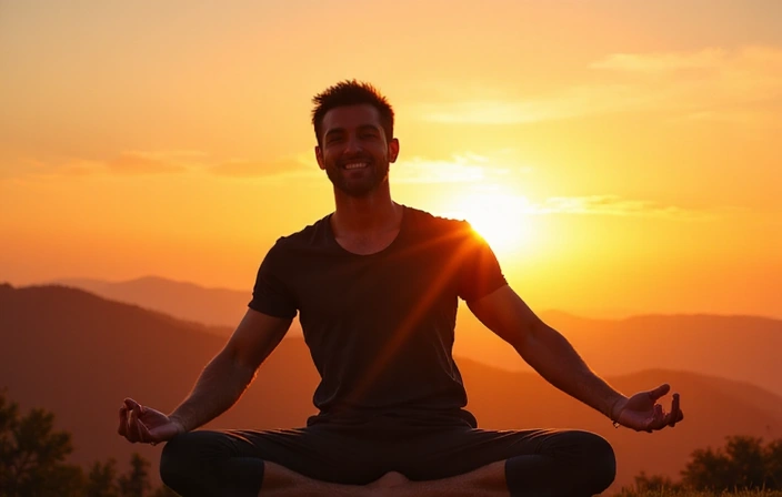 Uomo sorridente e in forma che pratica yoga al tramonto, simbolo di equilibrio e vitalità