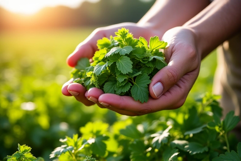 Mani che raccolgono erbe fresche in un campo soleggiato, simbolo di ingredienti naturali e sostenibilità.