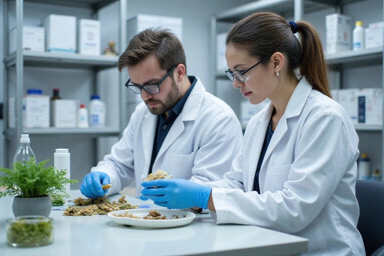 Un moderno laboratorio con attrezzature all'avanguardia e scienziati in camice che esaminano campioni naturali, simbolo di controllo qualità e innovazione.