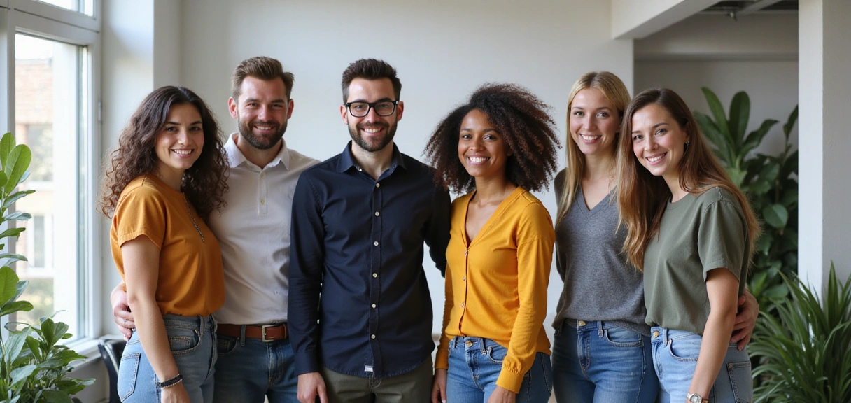 Un team diversificato e professionale di PalermoTonixCoreStore, sorridente e collaborativo, in un ambiente luminoso e naturale, che riflette l'armonia e la dedizione.