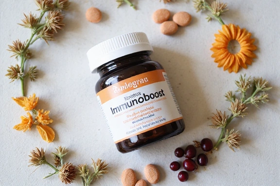 Confezione di ImmunoBoost con ingredienti sparsi