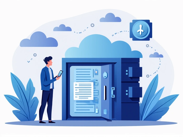Illustrazione di archiviazione sicura dei dati con icone di tempo e protezione