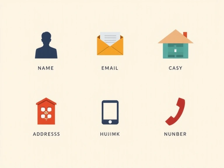 Vari tipi di dati personali rappresentati come icone: nome, email, indirizzo, telefono.