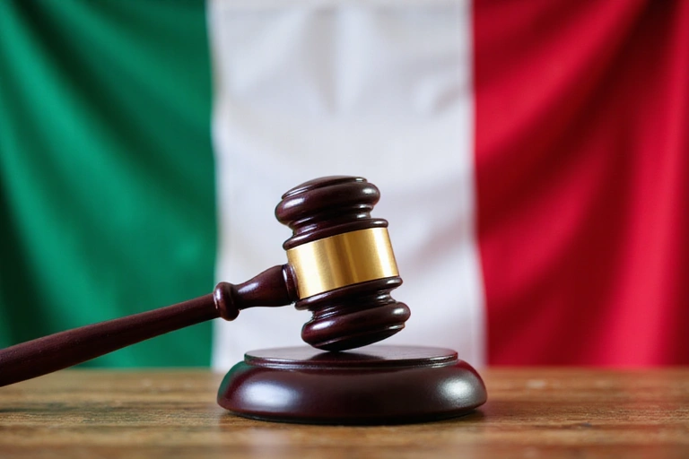 Bandiera italiana e un martelletto da giudice