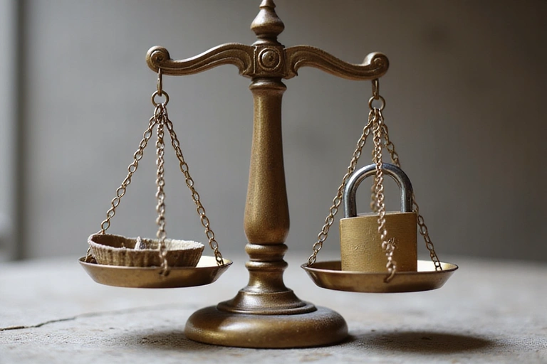 Bilancia della giustizia con un lucchetto