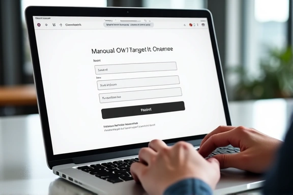 Persona che digita su un laptop con un'interfaccia utente di registrazione sullo schermo